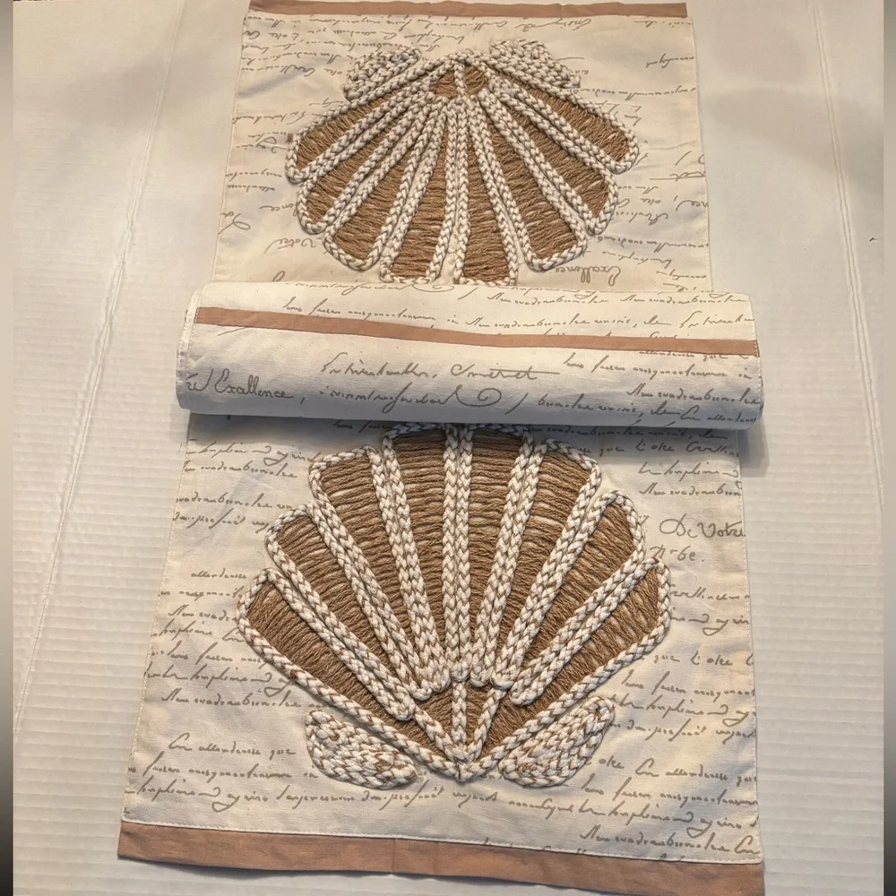 New PIER 1 IMPORTS seashell script embroidery table runner 13x72 Cotton Linen